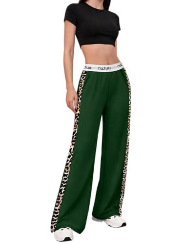 PEFYERVERY Women Baggy Pants Leopard Print Block Side Teen Wide Leg Open Bottom Sweatpants Y2K Elastic Waistband Vacation Clothes Green XL - Image 1