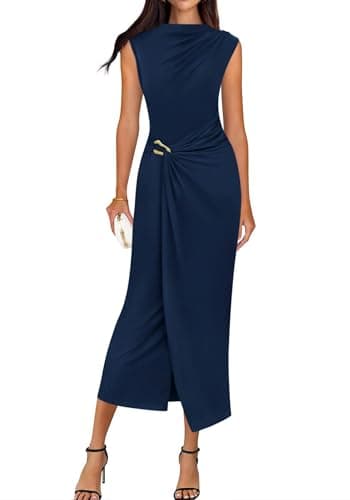 BTFBM Dresses for Women 2026 Summer Clothes Formal Bodycon Mock Neck Cap Sleeve Midi Party Cocktail Wedding Guest Dress(Navy Blue, X-Large) - Image 1