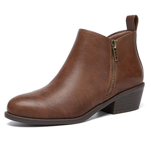 Athlefit Women's Chunky Ankle Boots Low Heel Brown Short Boots Comfortable Round Toe Fahsion Fall Booties Size 11