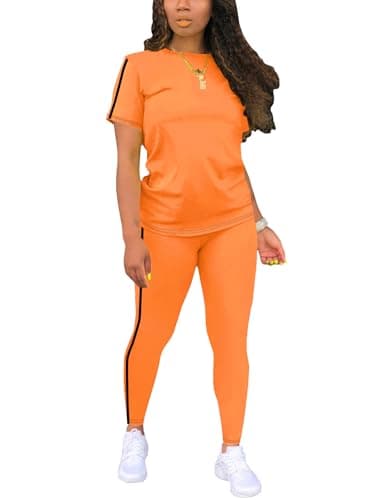 BNGPIKLY Travel Outfits for Women Two Piece Outfits Sweatsuits Sets Slim Top and Elastic Waist Sport Pants Orange S