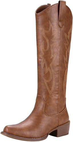 Jeossy Women's Brown Western Cowboy Boots Embroided Wide Calf Knee High Cowgirl Boots Round Toe Tall Boots with Inside Zipper Comfortable for Wedding Party Daily Wear Size 7.5 (DJY9809 brown 07.5) - Image 1