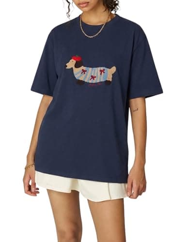 Aelfric Eden Mens Oversized Graphic Tees Dog Embroidery Casual Women Tshirts Short Sleeve Top Cotton Cute Tee Shirt Navy Blue - Image 1