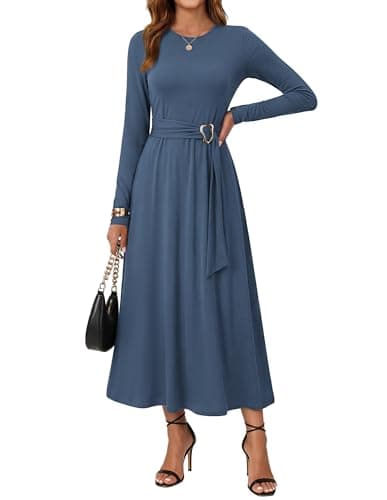 GRACE KARIN Womens Long Sleeve Maxi Dresses 2026 Casual A Line Flowy Wedding Guest Dress Fall Fashion Clothes with Pockets Gray Blue S - Image 1