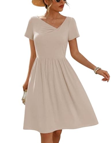MEROKEETY Women's Summer Asymmetrical V Neck Sundress 2026 Short Sleeve Casual Ruched A Line Beach Vacation Mini Dresses, Khaki, Large - Image 1