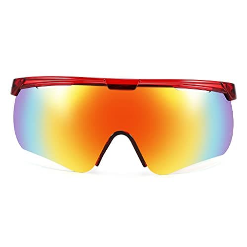 FEISEDY Sunglasses for Men and Women, Polarized Large Retro Rimless Glasses for Baseball, Cycling, Sports (B4073, Transparent Red Frame/Red Mirror) - Thumbnail 4