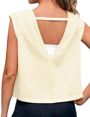 Quenteen Women Cropped Open Back Sleeveless Tank Tops Casual Yoga Y2k Athletic Gym Loose Fit Shirts Apricot XS - Image 1