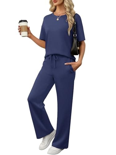 ANRABESS Lounge Sets for Women 2 Piece Summer Casual Travel Outfits 2026 Short Sleeve Wide Leg Pants Matching Set Sweatsuits