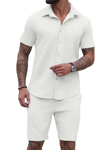 PrinStory Mens 2 Pieces Outfits Short Sleeve Tracksuit Beach Button Down Shirts and Shorts Set with Pockets White-2XL - Image 1