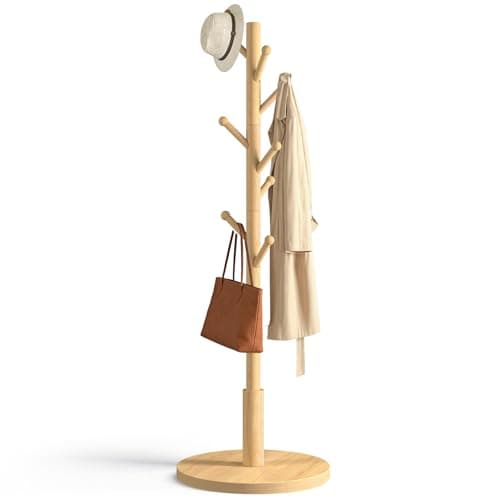 ACIPENSER Coat Rack Freestanding Wooden Coat Tree Stand with 8 Round-tip Hooks, 3 Adjustable heights Coat Hat Rack for Entryway,Bedroom,Hallway,Office (Natural) - Image 1