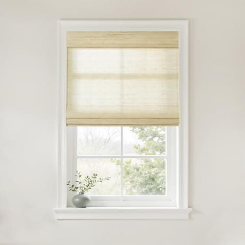 TWOPAGES Natural Woven Ramie Roman Shades, Custom Cordless No Drill or Motorized Bamboo Blinds for Indoor Windows Doors, Cashew - Image 1