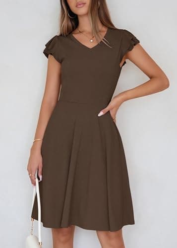 Lazysmile Summer Dresses for Women Ruffle Short Sleeve V Neck A Line Swing Ribbed Knit Casual Mini Short Dress Brown - Thumbnail 3