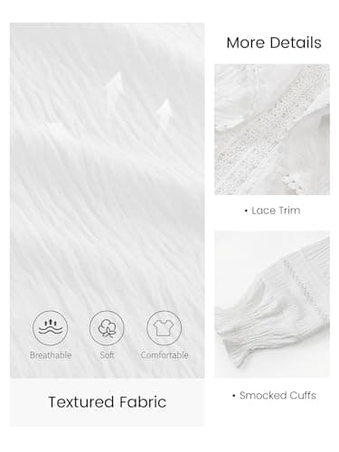 Funlingo Blouses for Women Dressy Casual 3/4 Length Sleeve Womens Tops Ruffle V Neck Lace Crochet Shirts Spring Trendy Clothes White L - Thumbnail 6
