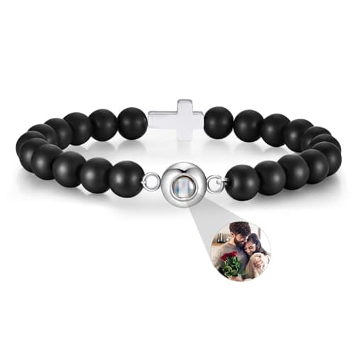Gamtic Personalized Photo Projection Bracelet for Men,Custom Picture Bracelet Black Beaded Cross Bracelet, Meaningful Gift for Him Dad Husband Boyfriend Son