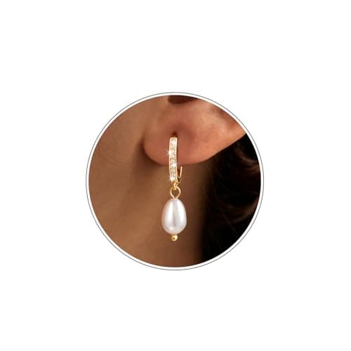 POAIIU Gold Pearl Earrings for Women, Pearl Drop Earrings 14K Plated CZ Pave Huggie, Pearl Hoop Earrings Bridesmaid Earrings Tarnish Resistant