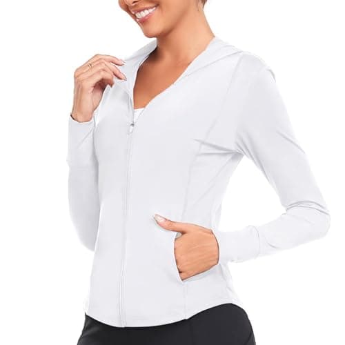 AGVNG Womens UV Protection Sun Hooide Full Zip Jackets Lightweight Quick Dry UPF 50+ Long Sleve Sun Shirts Hiking Running Outdoor Tops White XXL - Thumbnail 2