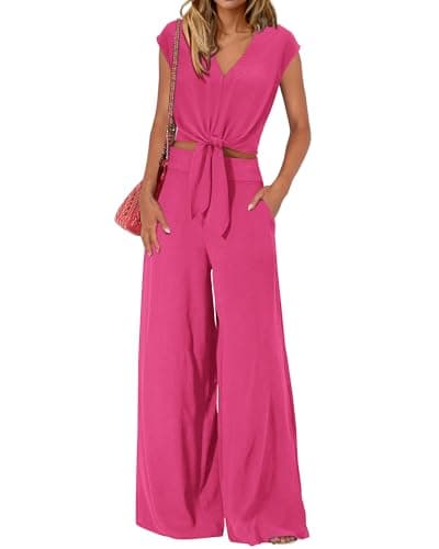 PRETTYGARDEN Women's Summer 2 Piece Outfits 2026 Cap Sleeve V Neck Belted Crop Tops Wide Leg Pant Sets Casual Tracksuit(Solid Rose Red,Medium) - Image 1