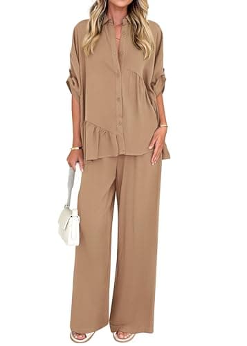KIRUNDO Two Piece Sets for Women Spring Outfits 2026 Summer Dressy Casual Button Down Shirt Wide Leg Pants Lounge Set(Khaki, Small) - Image 1