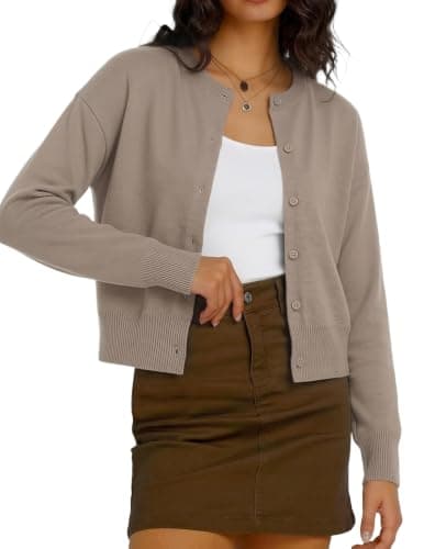 GRACE KARIN Women Cropped Lightweight Cardigan Summer Open Front Cardigan Sweaters Button Up Knit Bolero Shrugs Camel S - Image 1