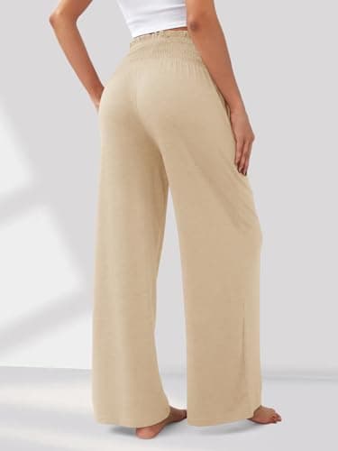GEMLON Womens Pants High Waisted Palazzo Pants Wide Leg Long Pant Casual Lounge Trousers with Pocket(Beige,2XL) - Thumbnail 2
