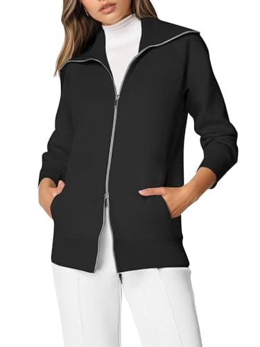 COCOMARTS Womens Crewneck Sweatshirts Zip Up Hoodies Casual Jacket with Pockets 2025 Fall Winter Fahsion Outfits Clothes Black Small - Image 1