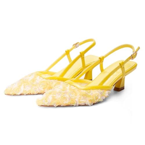 RUSAUISE Women's Close Toe Slingback Floral Kitten Heels Sandals Pointed Toe Mesh Low Heeled Buckle Strap Flowers Dressy Pump Shoes for Wedding Party Yellow Size 6 - Thumbnail 3