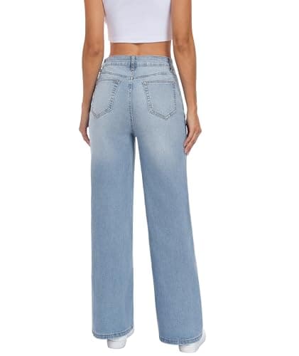 MARIASHA Wide Leg Jeans for Women, High Waist Stretchy Baggy Jeans, Blue Washed Denim Pants with Dual Pockets - Thumbnail 4