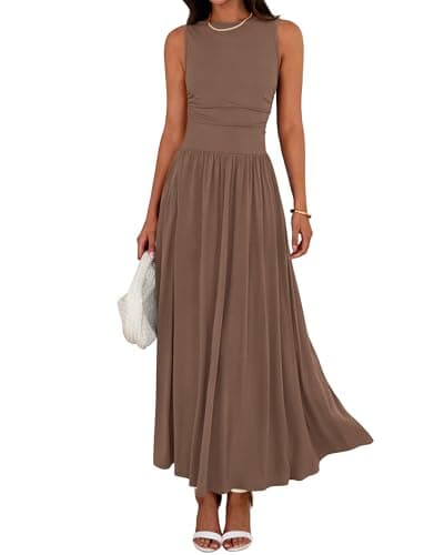 BTFBM Summer Maxi Dresses for Women 2026 Spring Sleeveless Casual Ruched High Waisted Long Sundress Flowy Beach Dress(Khaki, Medium) - Image 1