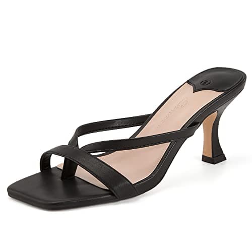 Ermonn Womens Kitten Heels Sandals Square Open Toe Thong Slides Backless Slip on Slippers Shoes - Image 1