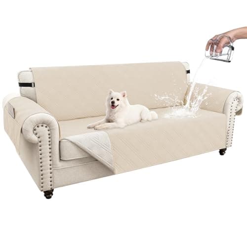 Eusalioy 100% Waterproof Couch Cover for Dogs, Washable Anti-Slip Sofa Cover with Elastic Straps & Side Pockets, Quilted Furniture Protector for Kids & Pets (3 Cushion 68", Beige) - Image 1