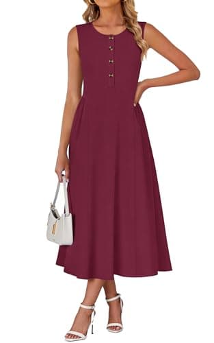 MISFAY Women's Summer Crew Neck Loose Buttons Casual Long Maxi Sleeveless Beach Shirt Dress Party Dress with Pockets(Wine Red,M) - Image 1