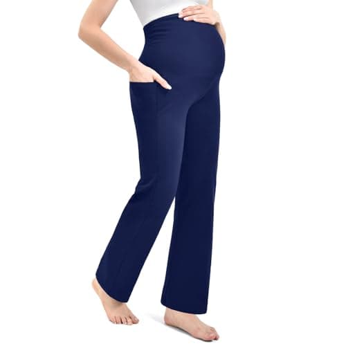 Leafigure Maternity Pants with Pockets Over The Belly Lounge Wide Leg Yoga Pants for Women Pregnancy NavyBlue M - Image 1