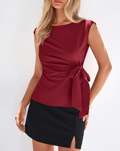 BTFBM Womens Tops Summer 2026 Cap Sleeve Crew Neck Tie Waist Blouses Dressy Casual Business Work Clothes Early Fall Fashion(Red, X-Small) - Thumbnail 5