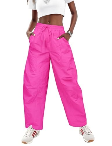 LOOKBOHO Women's Summer Pants 2026 Cargo High Waist Travel Wide Leg Baggy Parachute Casual Drawstring Lightweight Hiking Trouser Streetwear with Pockets Hot Pink Small - Image 1