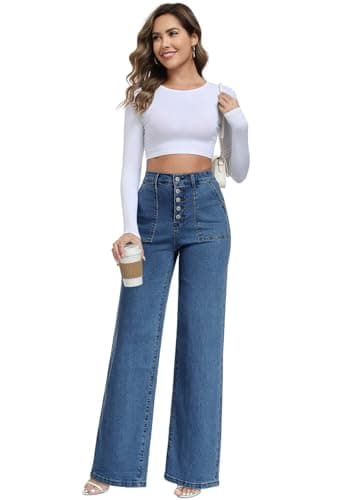 MARIASHA Women's Straight Leg Jeans High Waisted Button Fly Stretch Denim Pants for Women Deep Blue XL - Thumbnail 4