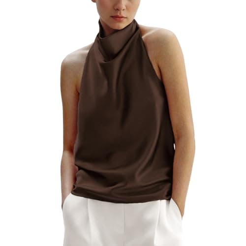 Maohao Women's Silk Satin Tank Tops Halter Draped Front Sexy Backless Womens Summer Tops Elegant Camisole Tops (Brown,S) - Image 1