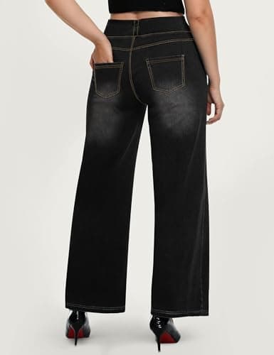 AVAMO Plus Size Jeans for Women Stretchy Wide Leg Pull On Sweatpant Jeans for Curvy Women High Waisted Baggy Denim Pants Black - Thumbnail 2