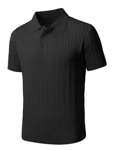 JEMLDL Black Polo Shirt for Men 3-Button Textured Knit Stretchy Golf Dress Shirt, Summer Vacation Business - Image 1