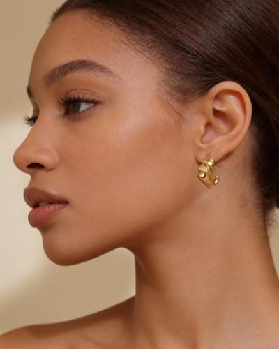 EYESHOCK Small Half Huggie Hoop Earrings for Women, Chunky Style 18K Gold Plated 925 Sterling Silver Post, Hypoallergenic Lightweight Twisted Honeycomb Texture Hoops - Thumbnail 3