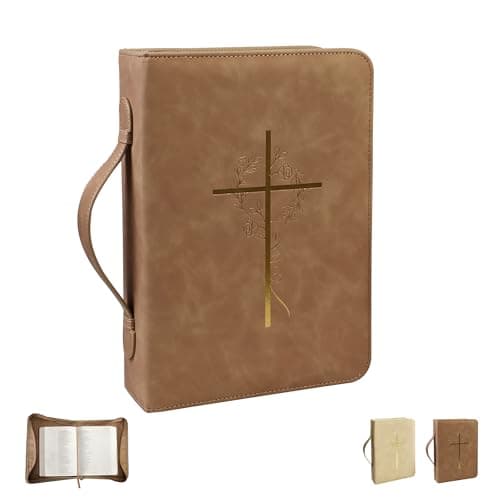 Bible Cover Case for Women, Bible Bag with Phone Pocket, PU Leather Large Carrying Book case with Minimalist Debossed Design – Christian Bible Accessories for Girls & Women (Brown) - Image 1