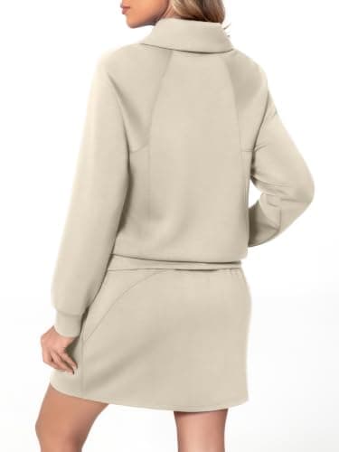 Casly Lamiit 2 Piece Skort Sets for Women Tennis Athletic Skirt Sweatsuits Casual Long Sleeve Sweatshirts Fall Matching Sports Outfits Dark Beige S - Thumbnail 3