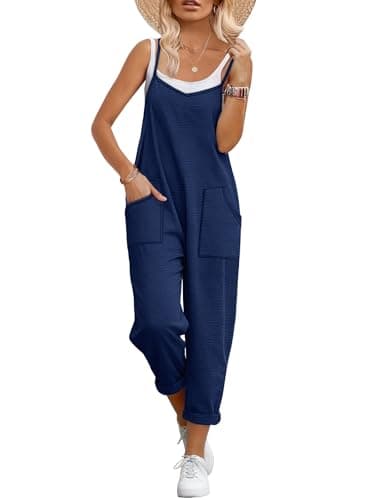 ANRABESS Women Jumpsuits Casual Summer Overalls Loose Spaghetti Strap Romper Jumpers with Pockets 2026 Beach Vacation Clothes Navy Blue Small - Image 1