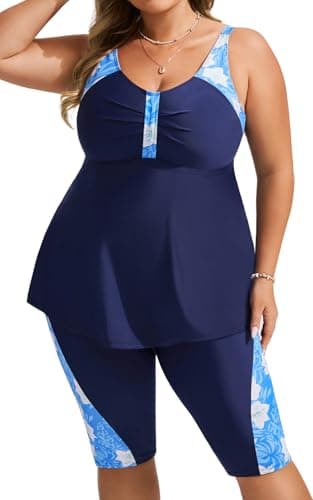 Hanna Nikole Plus Size Swim Tank Top with Rash Guard Capris 2025 Athletic Two Piece Swimwear Navy＆Blue Flowers 28W - Image 1