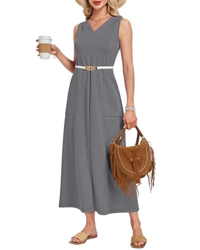 MISFAY Women Summer Maxi Dress 2026 Sundress Wrinkle-Free Casual Beach Long Dress Sleeveless V Neck Vacation Maxi Dresses with Pockets Dark Gray - Thumbnail 2