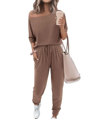 Zenlonr Women Summer 2 Piece Outfits 2026 Off Shoulder Short Sleeve Tops Elastic Waist Drawstring Long Pants Tracksuit(Dark Khaki,Small) - Image 1