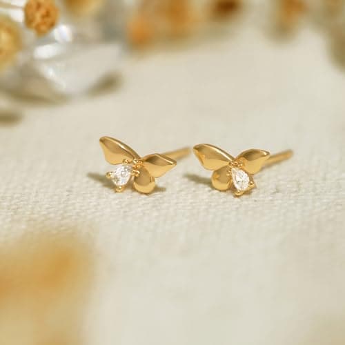 BENEIGE Gold Stud Earrings for Women 14K Gold Plated Dainty Butterfly Stud Earrings Ear Piercing Hypoallergenic Handmade Jewelry for Women - Thumbnail 6