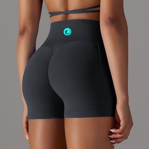 bpbtti Women's Crossover High Waist Workout Shorts with 2 Side Pockets (Black/Blue, M) - Thumbnail 4