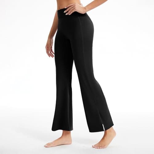 AMLEER Women's High Waist Full-Length Flare Leggings with Side Slit - Tummy Control Butt Lifting Gym Yoga Pants (Black, Small) - Thumbnail 4