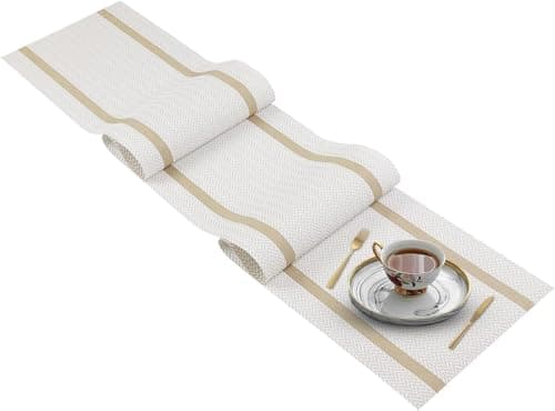 FAVE 4-Pack Woven Vinyl Table Runners, 120x12 Inch White with Gold Threads Waterproof & Heat-Resistant Table Mats for Dining, Wedding, Banquets, Party, Restaurant Decor(White, 4PCS) - Image 1