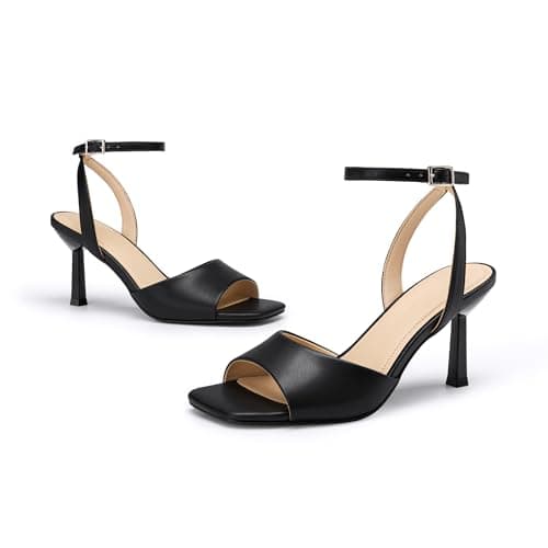 Athlefit High Heels for Women Black Square Open Toe Stiletto Heels Ankle Strap Buckle Dress Prom Kitten Heeled Sandals Size 8.5 - Thumbnail 6