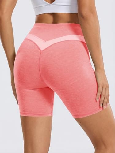Aoysky Womens 6" High Waisted Buttery Soft Biker V-Shaped Color Block Shorts Butt Lifting Seamless Workout Shorts Pink - Thumbnail 3